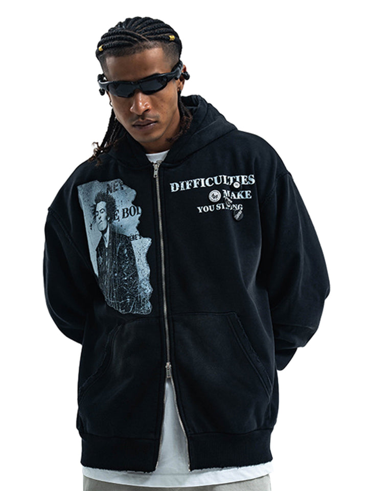 Washed Distressed Retro Portrait Print Double Zipper Hoodie