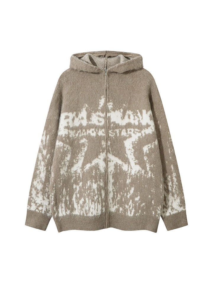 Ayuuki Star Mohair Fuzzy Hooded Zip Up Sweater