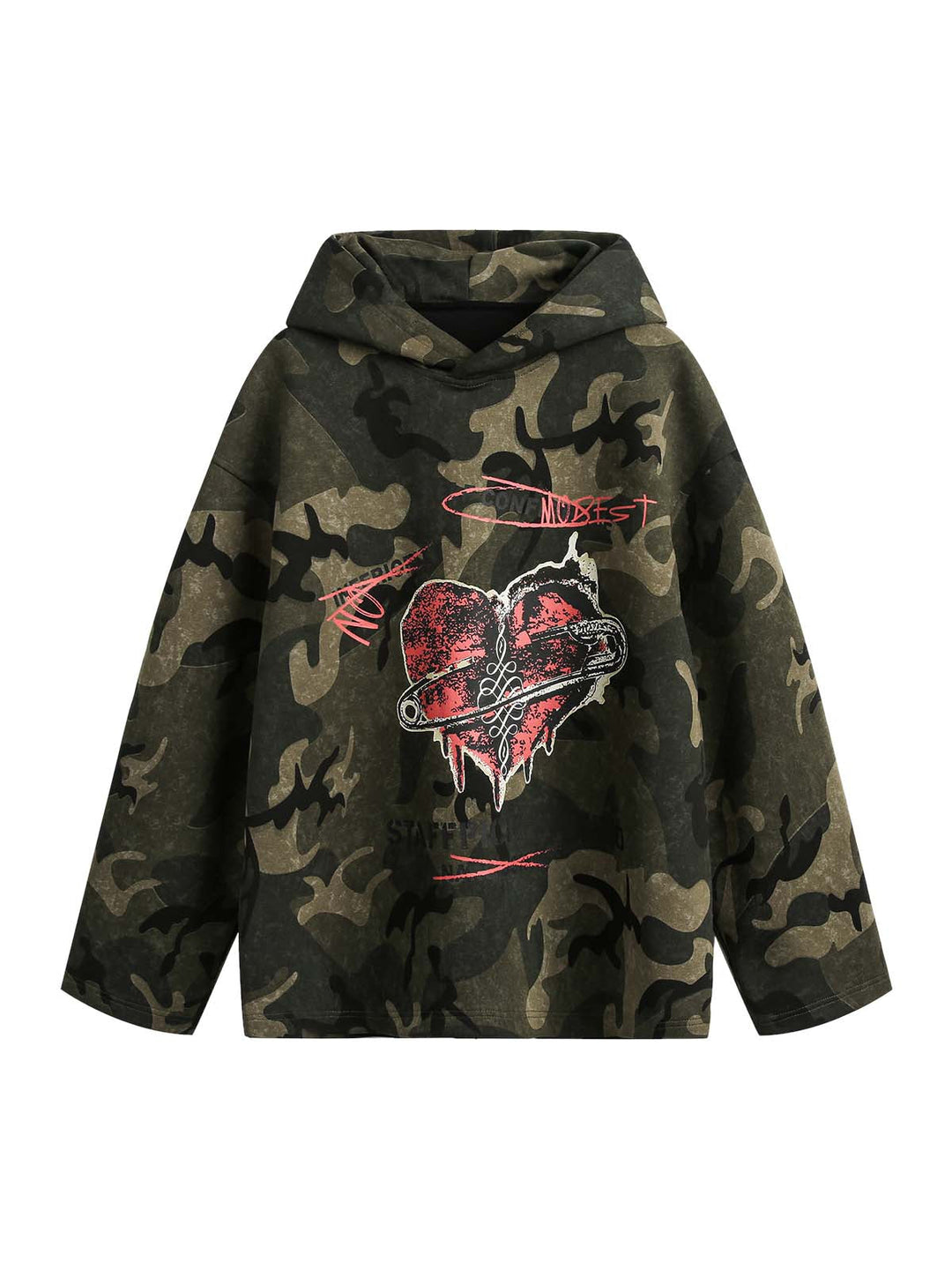 Vintage Camouflage Flame Heart Print Hoodie