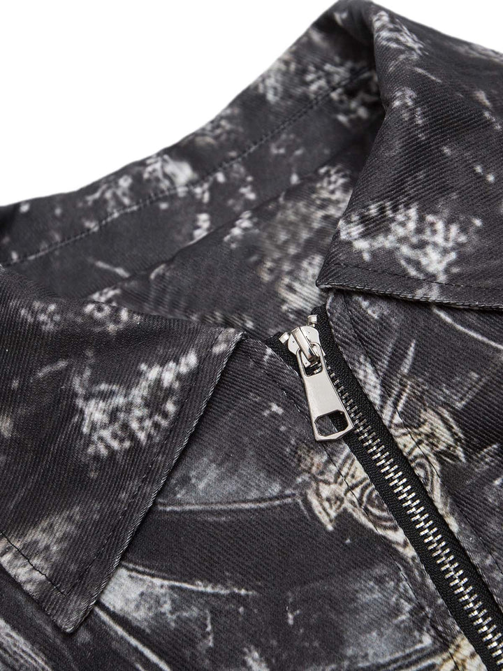 Cross Printed Zip Up Quilted Bomber Jacket