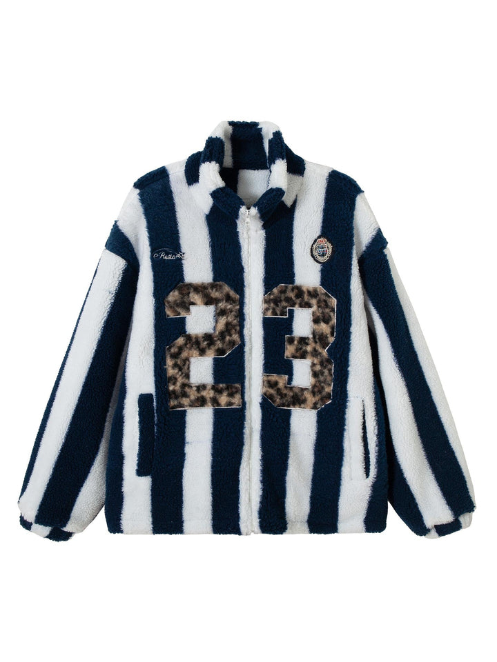 Ayuuki Jersey Embroidered Cheetah Print Striped Sherpa Jacket