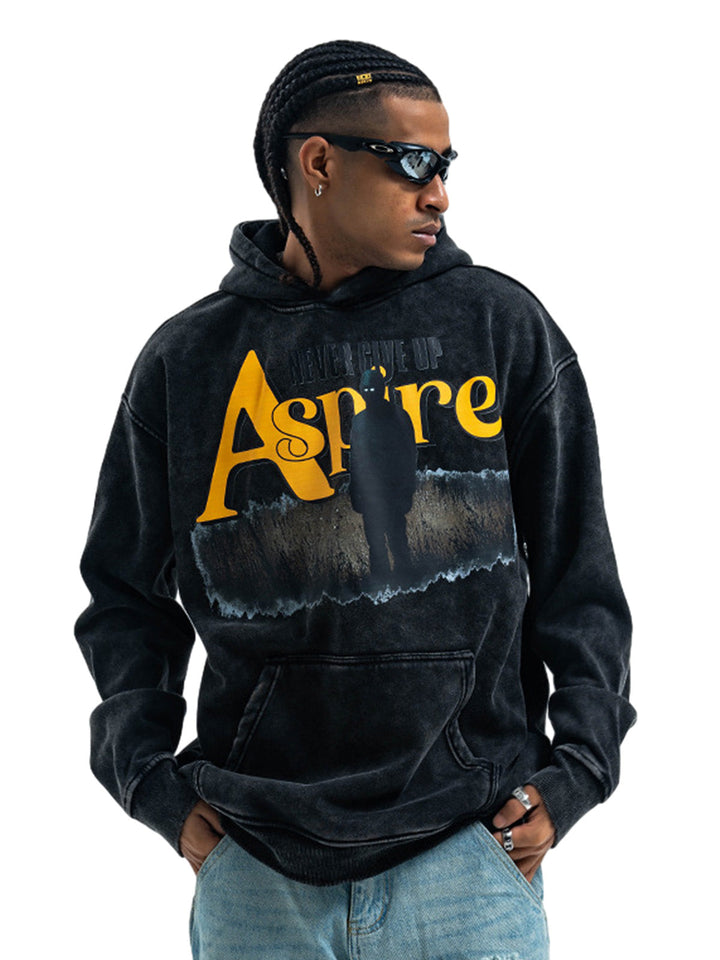 Heavy Washed Letter Portrait Print Fleece Hoodie