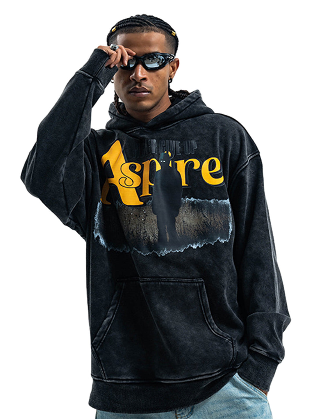 Heavy Washed Letter Portrait Print Fleece Hoodie