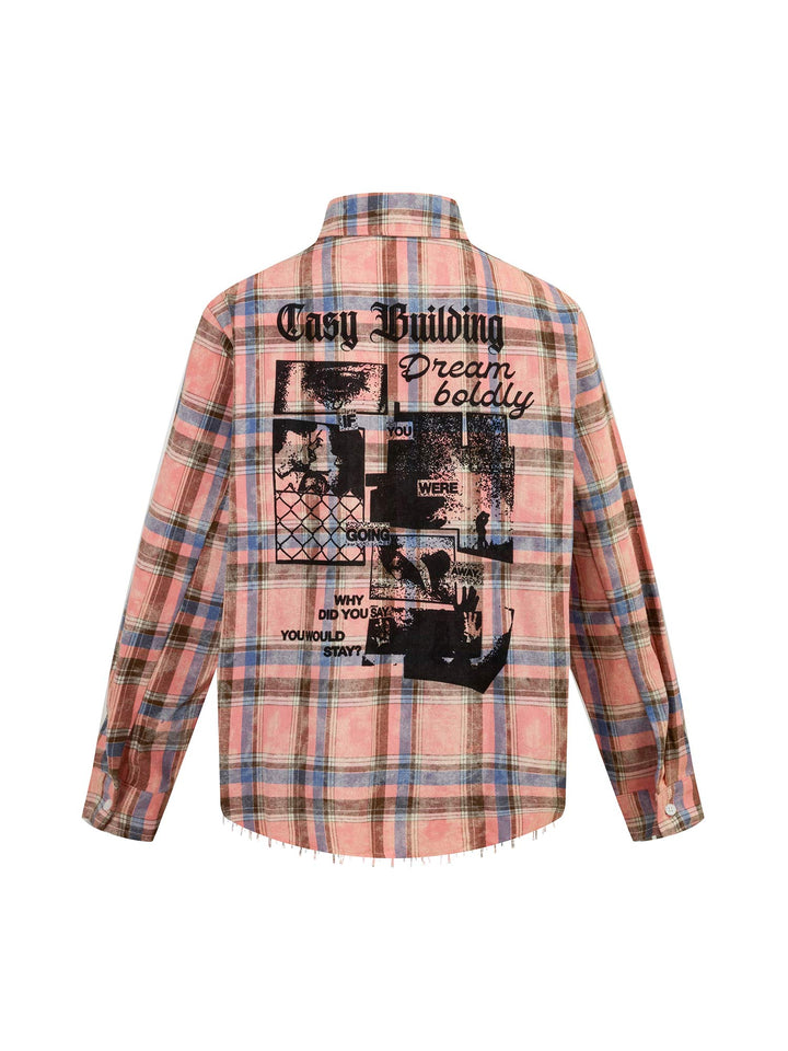 Ayuuki Lettering Print Raw Edge Plaid Shirt