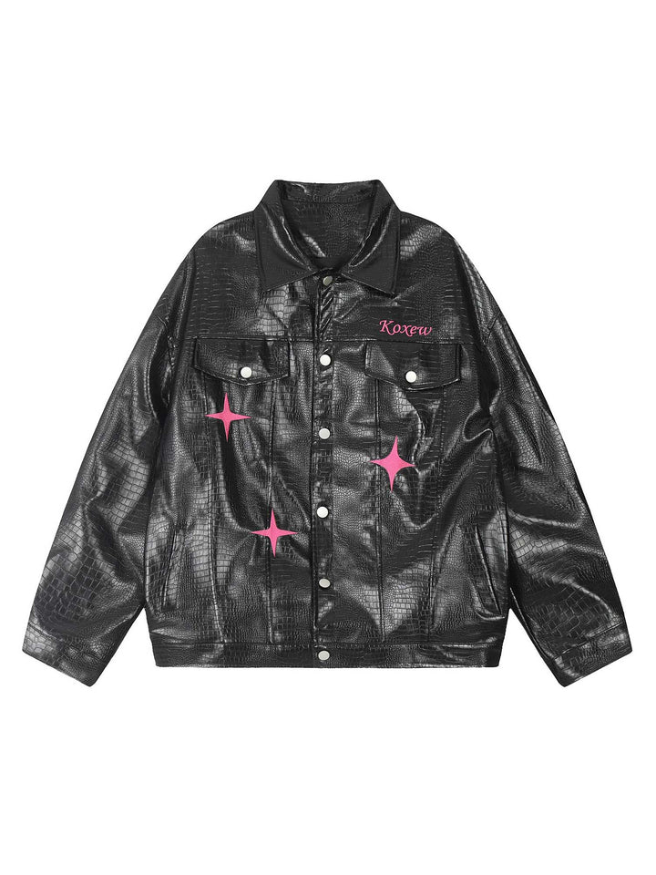 Ayuuki Star Embroidered PU Leather Jacket