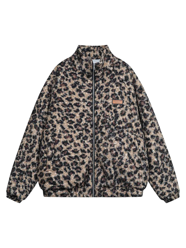 Stand Collar Cheetah Print Fleece Jacket