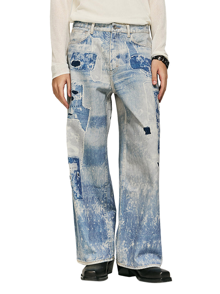 AyuukiWashed Raw Edge Tie-dye Print Straight Jeans