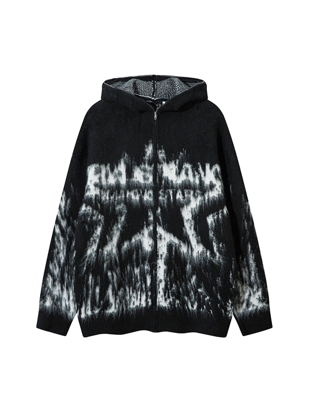 Ayuuki Star Mohair Fuzzy Hooded Zip Up Sweater