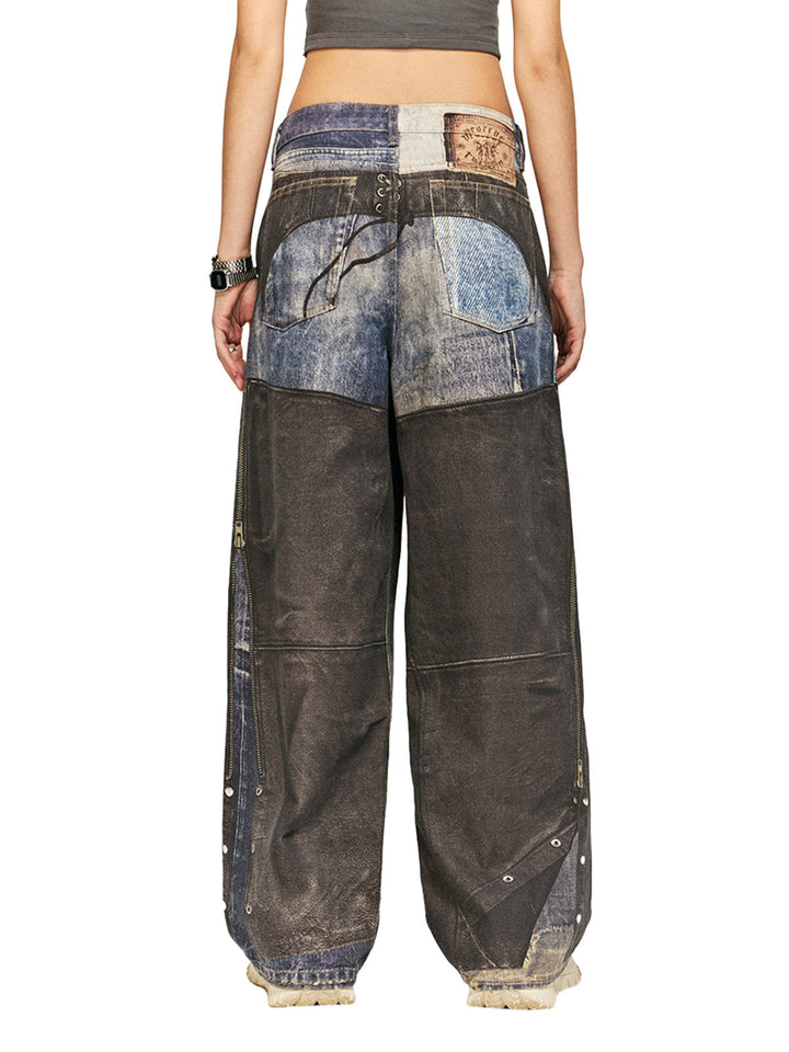 Ayuuki Washed Printed Patchwork Straight Jeans