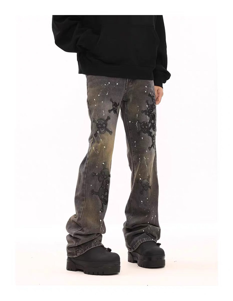 Ayuuki Leather Skull Splash Ink Micro-flared Jeans