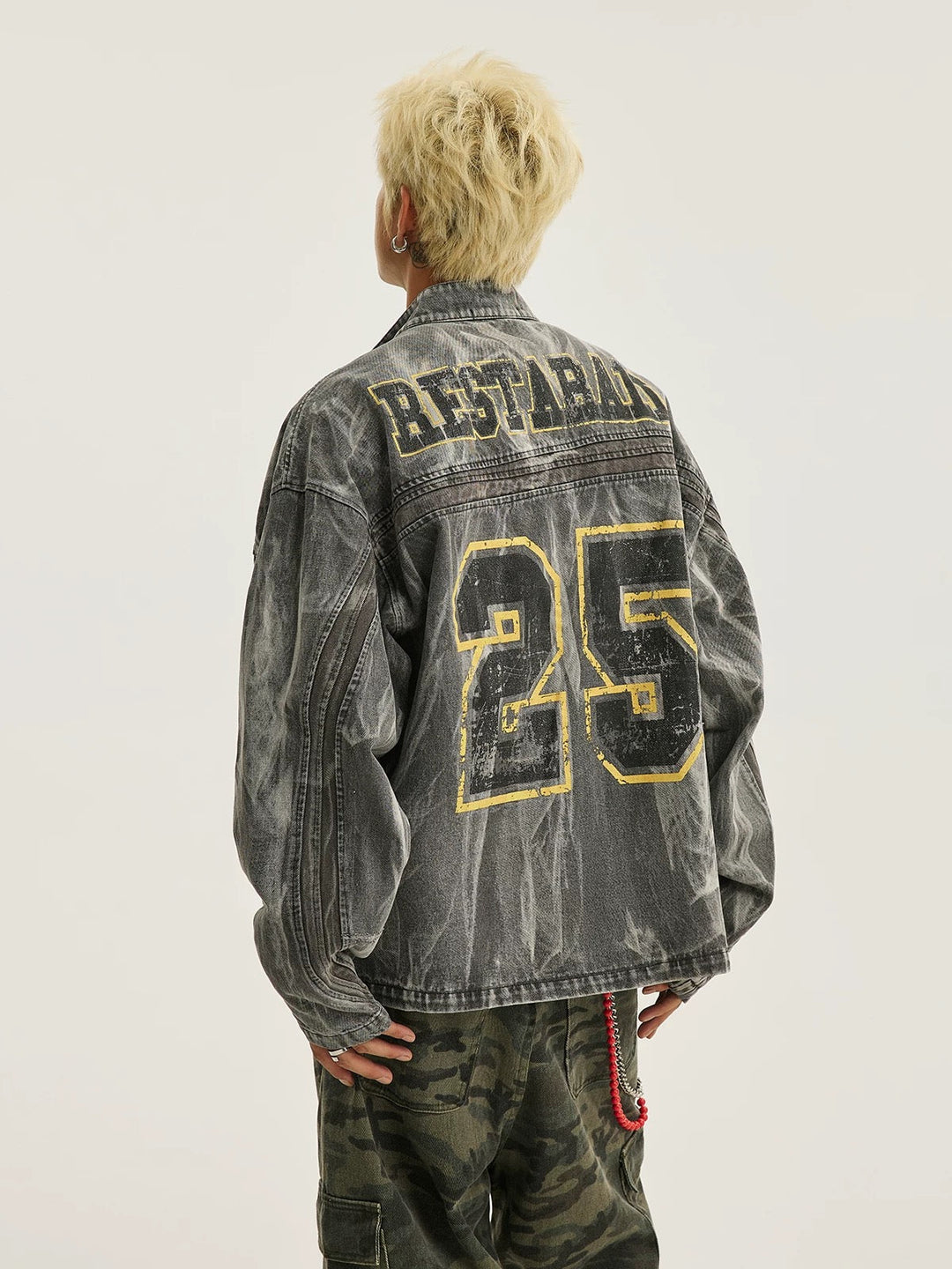 Ayuuki Hip-hop Distressed Washed Printed Denim Jacket - 2239