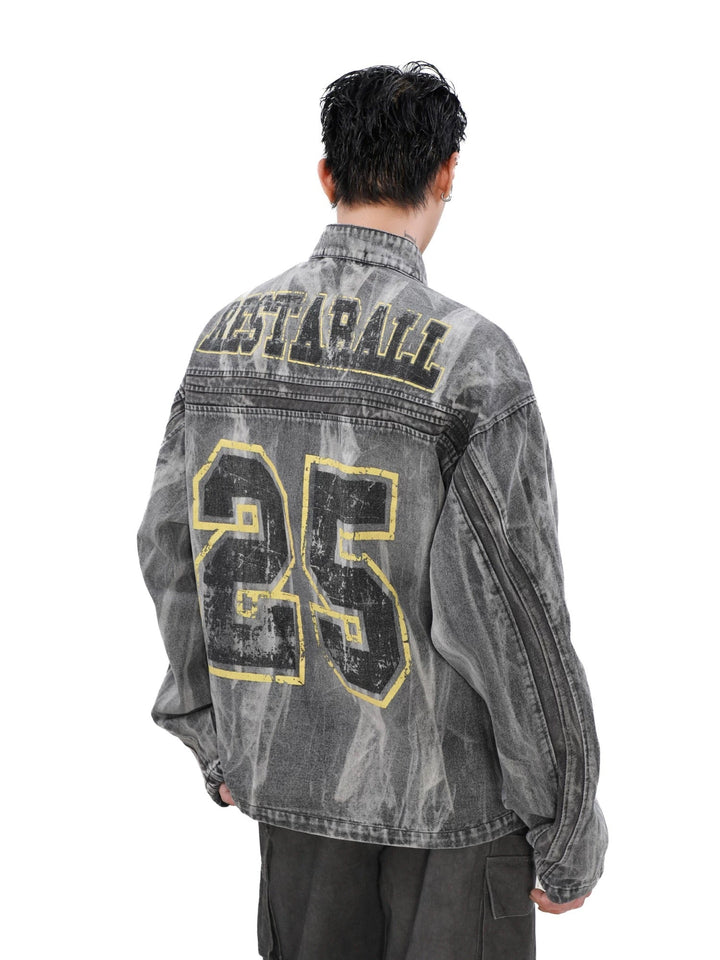 Ayuuki Hip-hop Distressed Washed Printed Denim Jacket - 2239