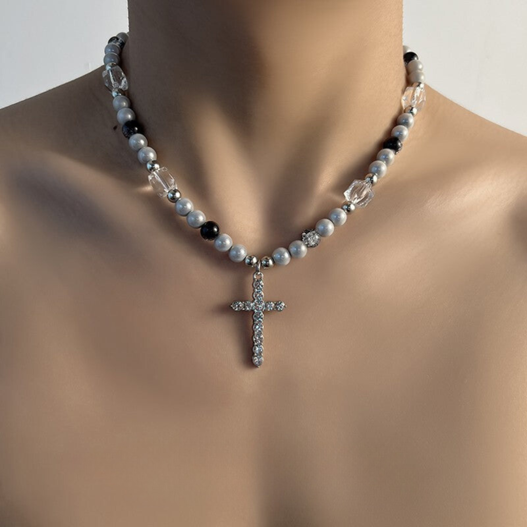 Reflective Pearl Cross Necklace