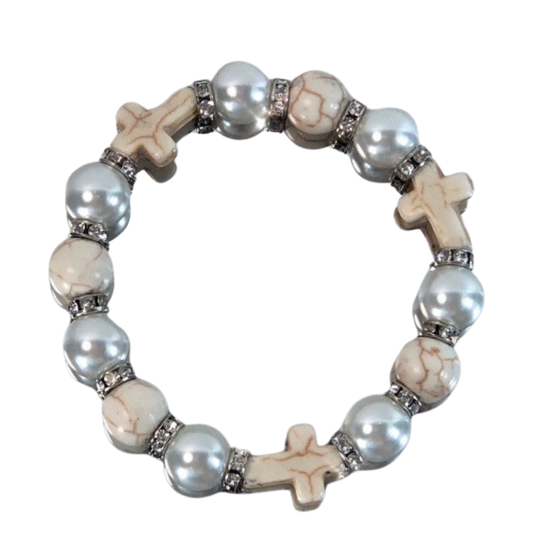 Pearl Rhinestone Cross Bracelet