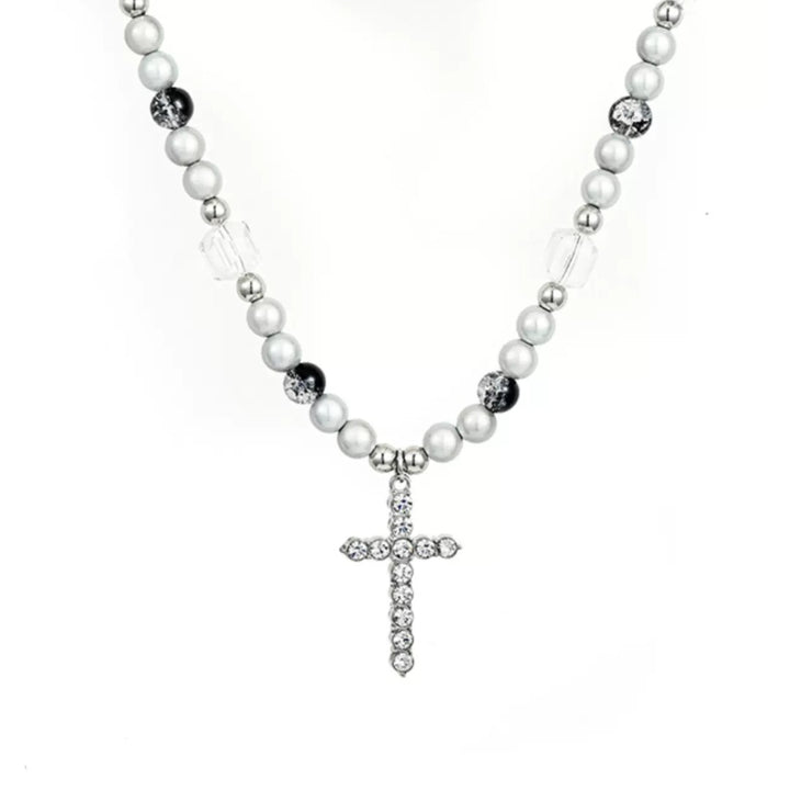 Reflective Pearl Cross Necklace