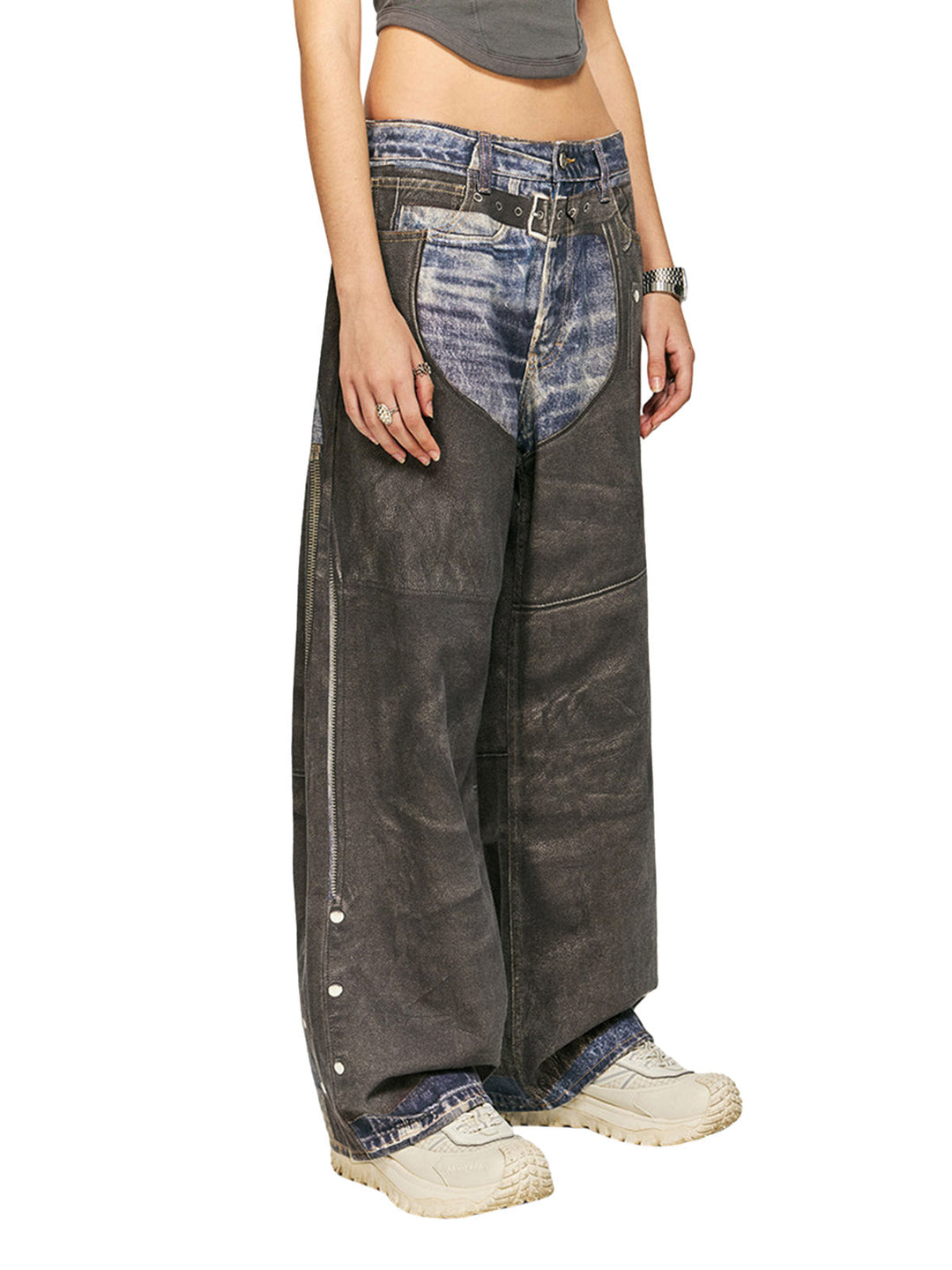 Ayuuki Washed Printed Patchwork Straight Jeans