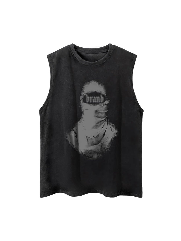 Ayuuki  Retro Distressed Character Print Street Rap Vest