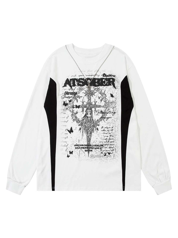 Ayuuki Star Necklace Cross Graphic Long Sleeve T-shirt