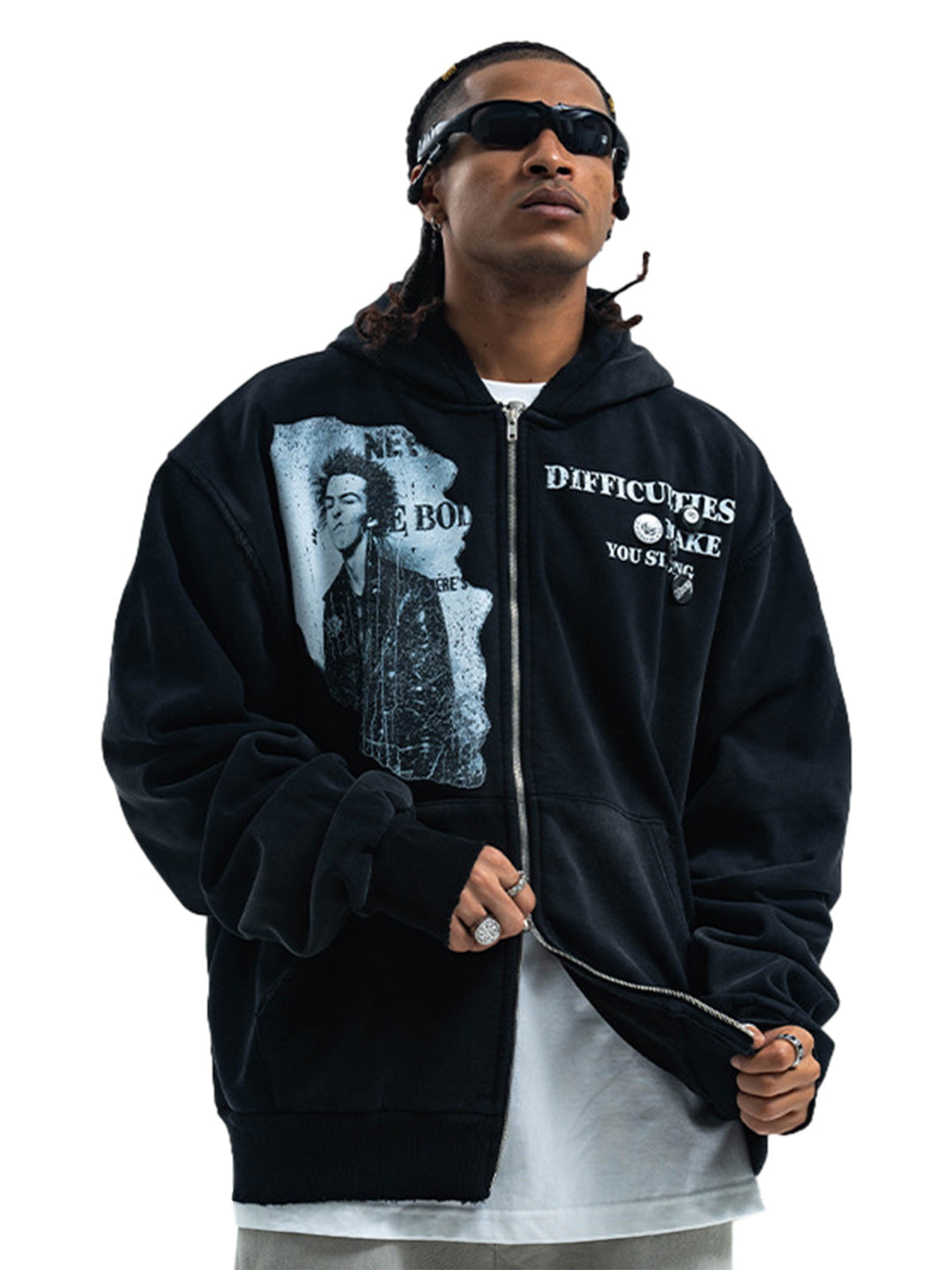 Washed Distressed Retro Portrait Print Double Zipper Hoodie