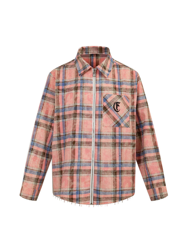 Ayuuki Lettering Print Raw Edge Plaid Shirt