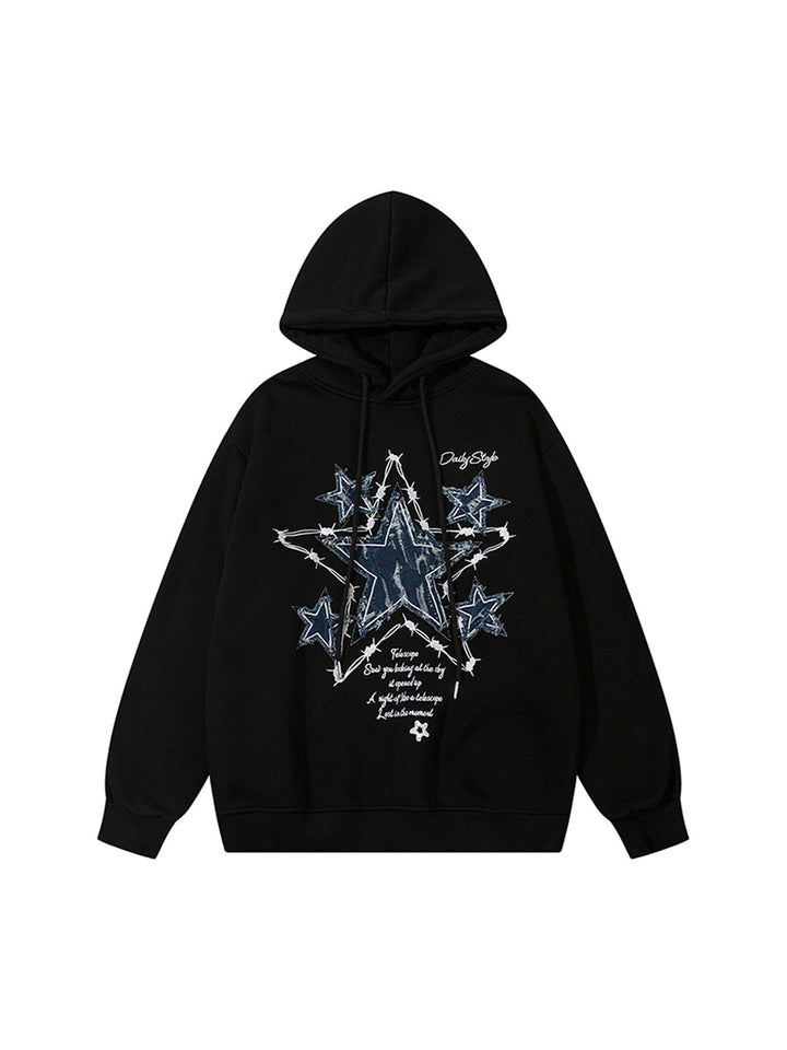 Ayuuki Star Patch Embroidered Hooded Fleece Sweatshirt