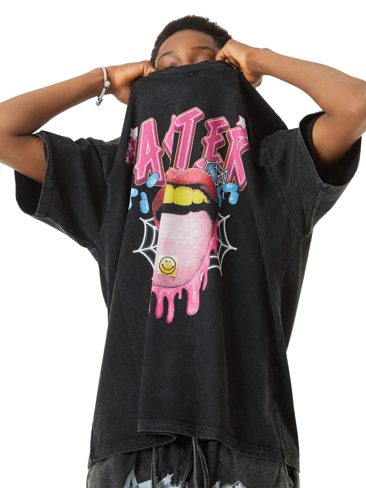 Ayuuki Creative Fun Big Tongue Print T-shirt - 2086