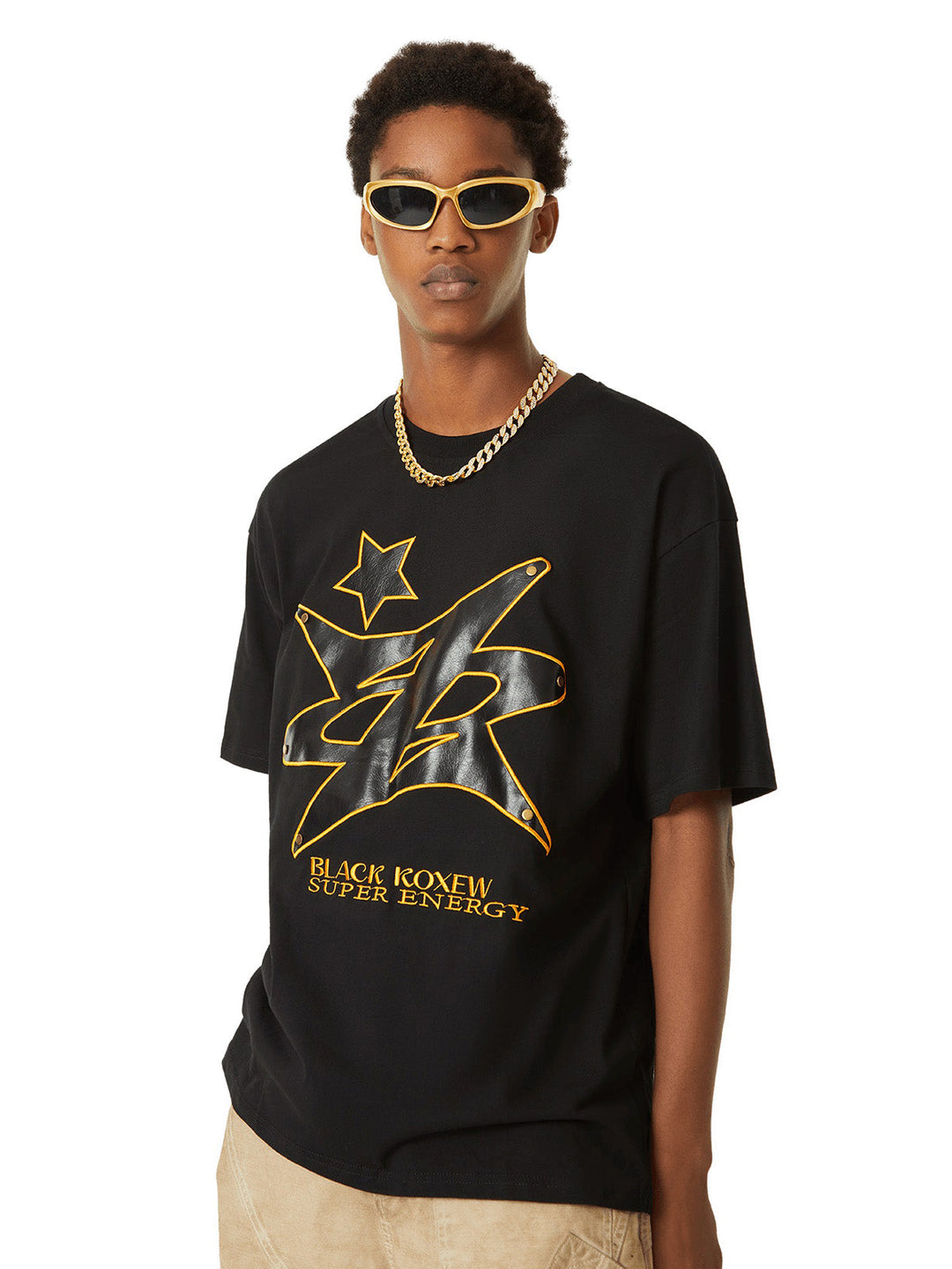 Ayuuki Leather Studded Creative Star Street Rap T-shirt