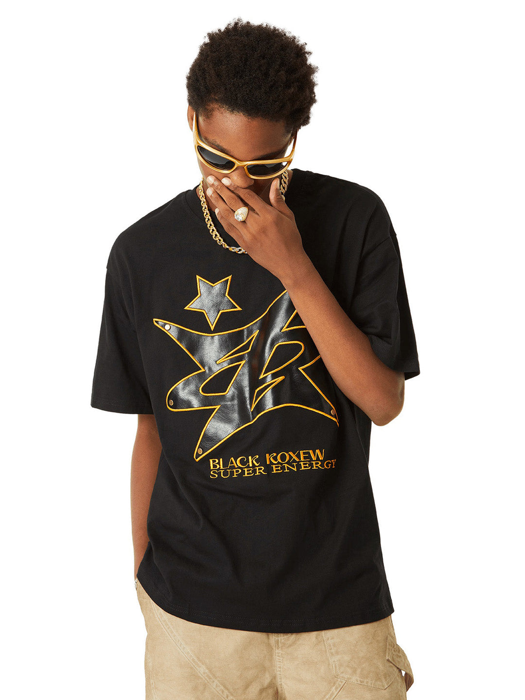 Ayuuki Leather Studded Creative Star Street Rap T-shirt