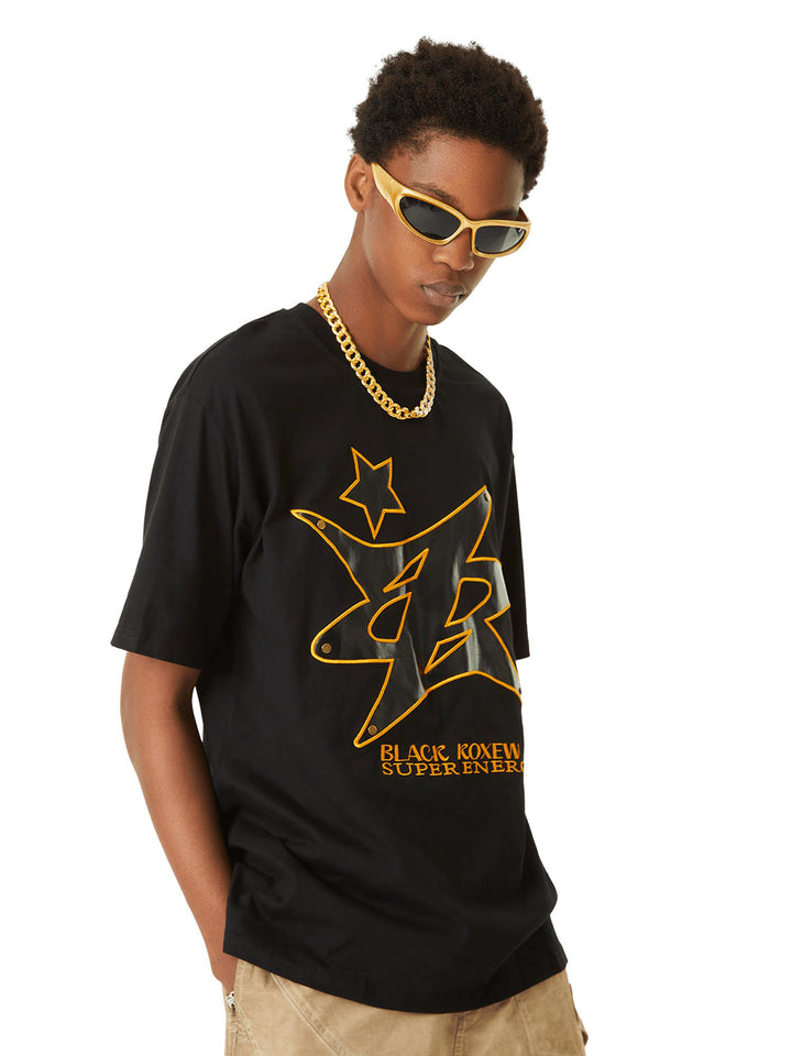 Ayuuki Leather Studded Creative Star Street Rap T-shirt