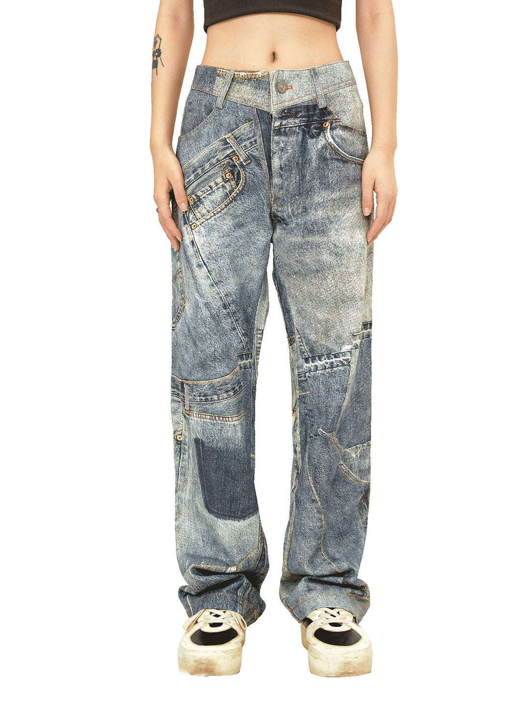 Ayuuki Street Hip-Hop Deconstructed Print Jeans