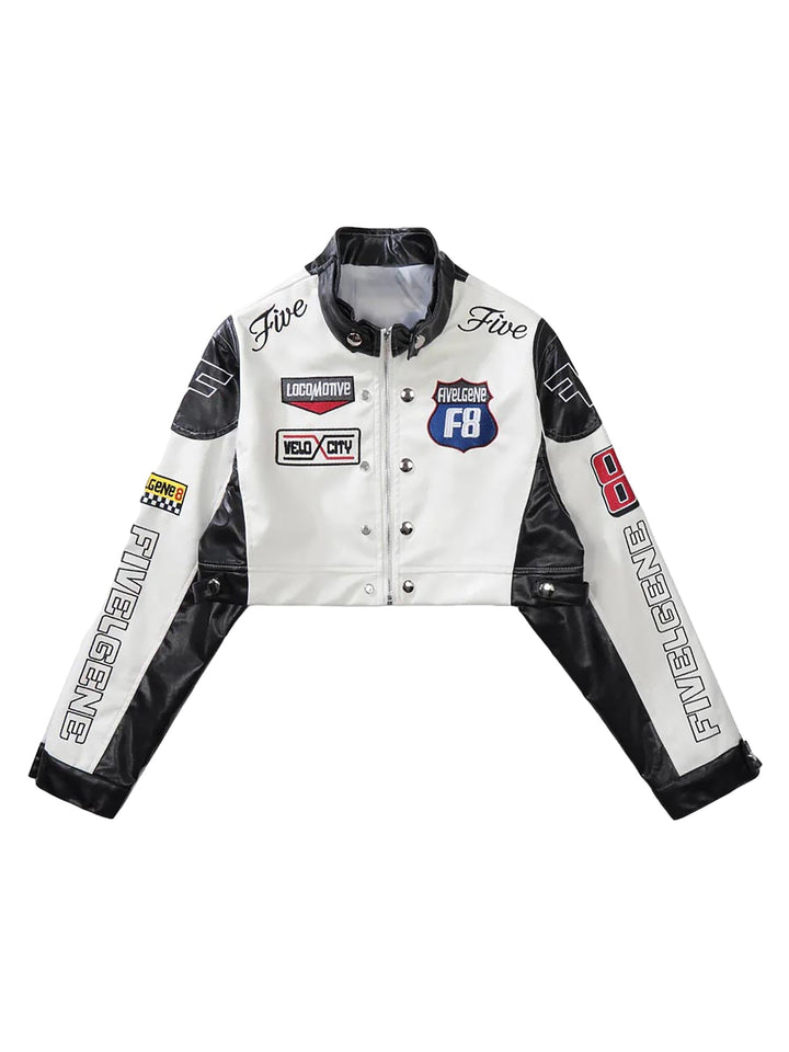 Ayuuki Badge Short PU Leather Racing Jacket - 1631