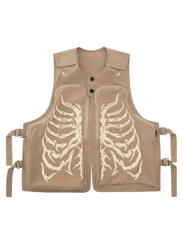 Ayuuki Skeleton Print Padded Cargo Vest -1201