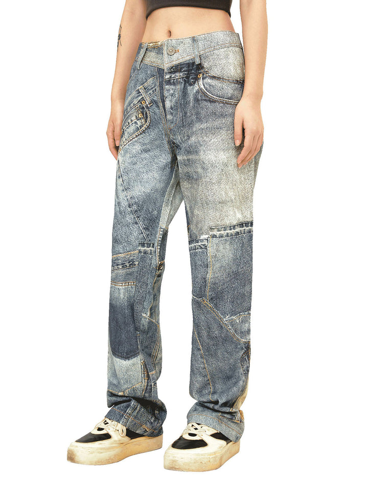 Ayuuki Street Hip-Hop Deconstructed Print Jeans