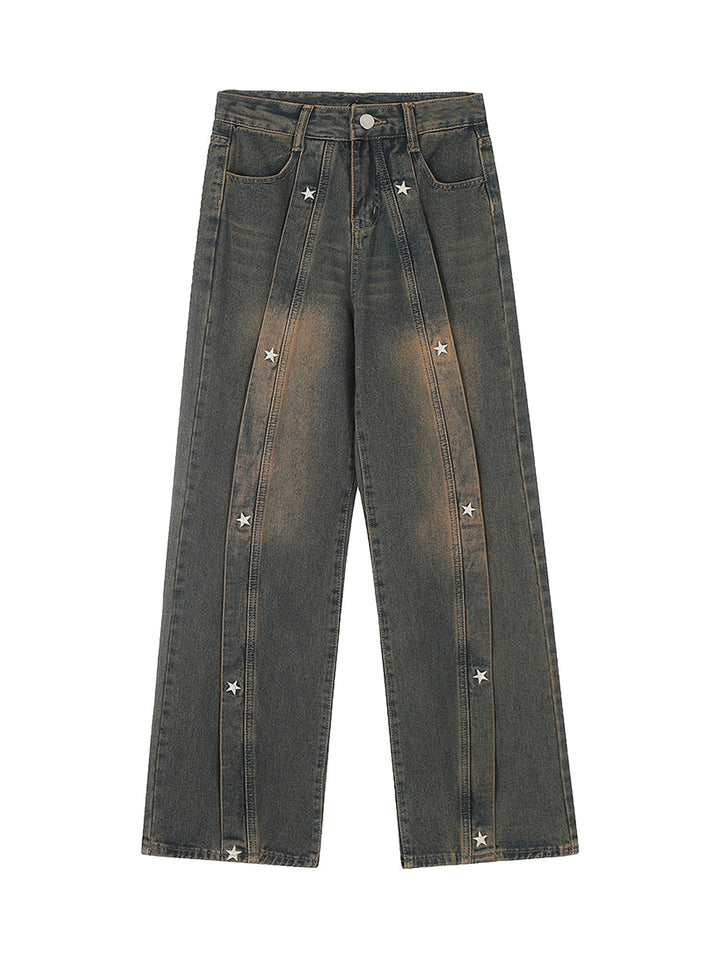 Ayuuki American Retro Spray-painted Star Embroidered Jeans