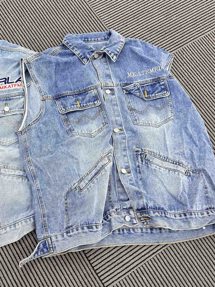 American Retro Washed Printed Denim Vest