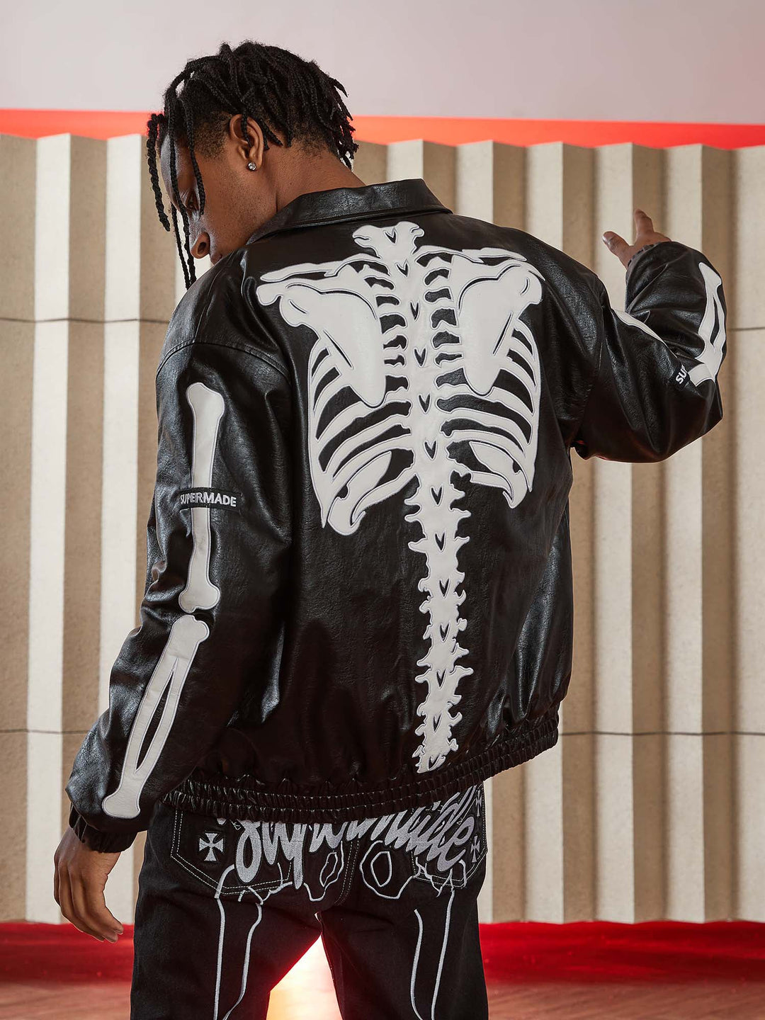 Ayuuki Hip Hop Bones Embroidered Leather Jacket - 1833