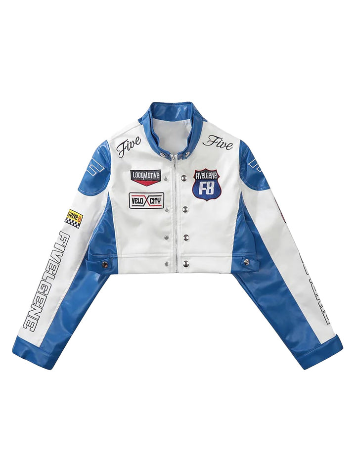 Ayuuki Badge Short PU Leather Racing Jacket - 1631