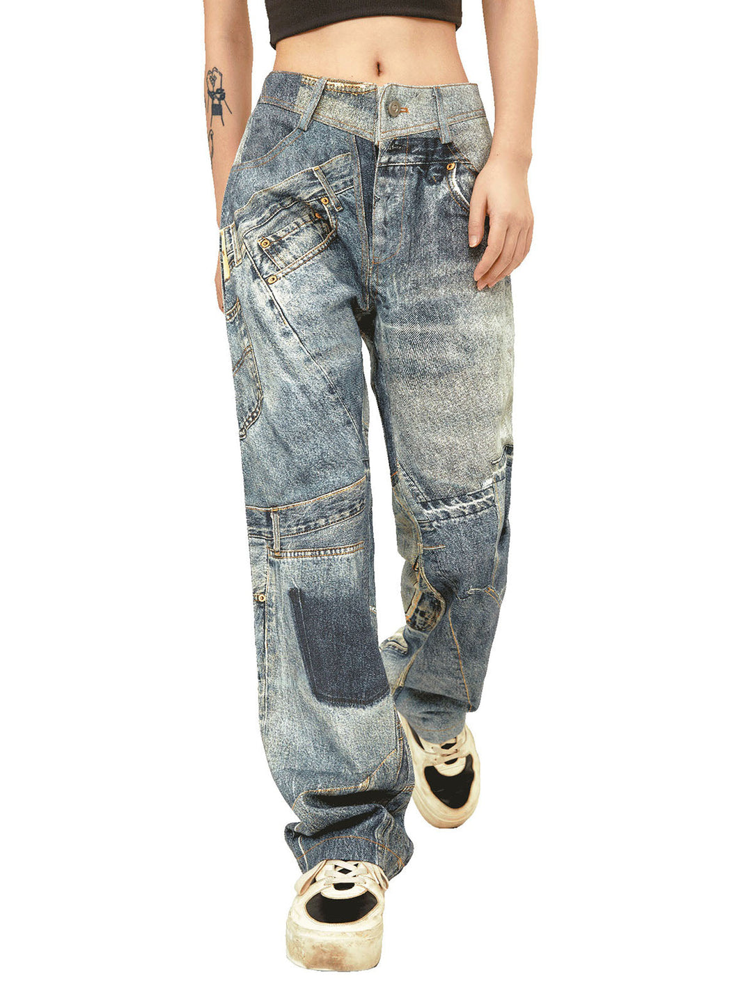 Ayuuki Street Hip-Hop Deconstructed Print Jeans