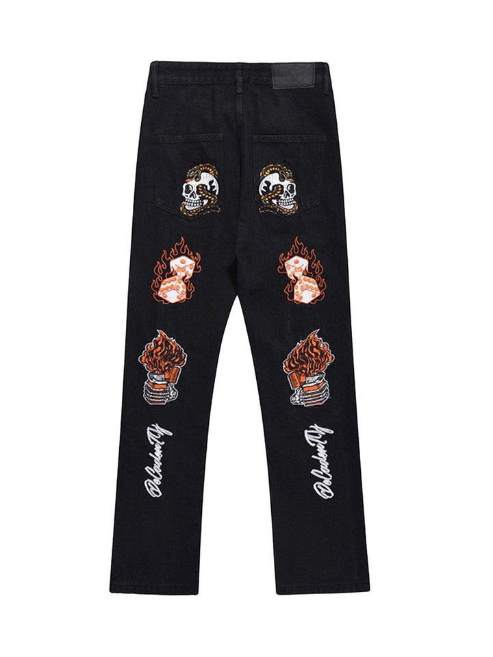 Ayuuki Skull Flame Monogram Embroidered Slim Fit Jeans