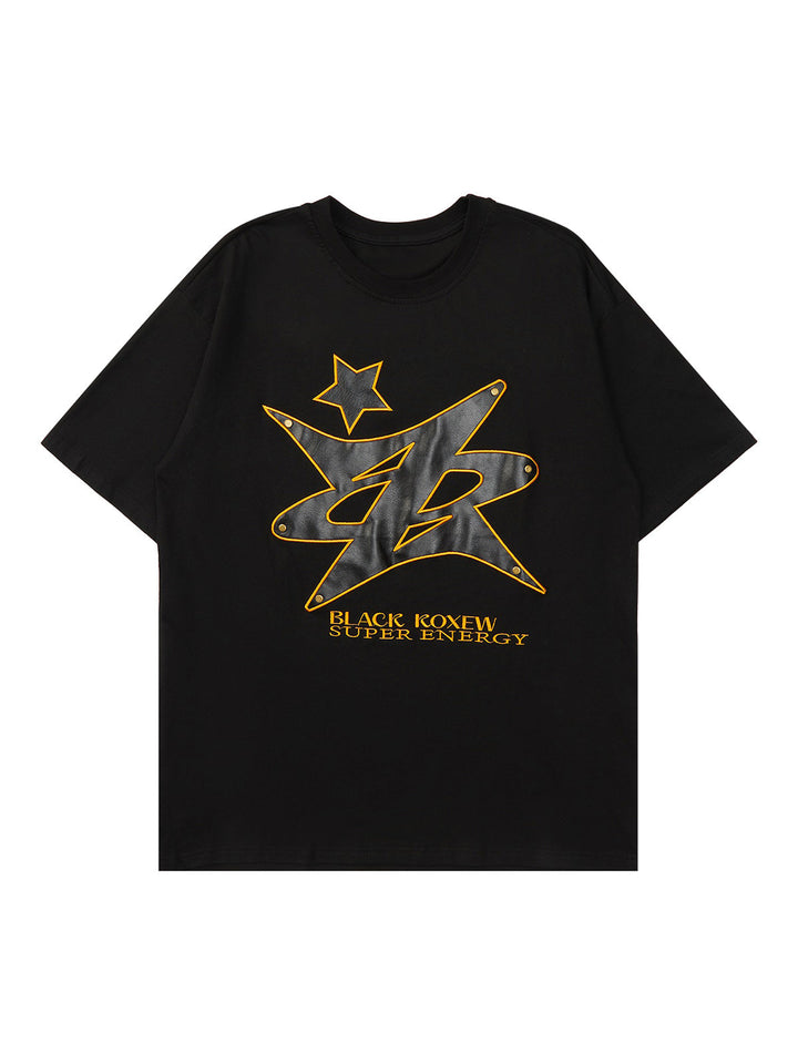 Ayuuki Leather Studded Creative Star Street Rap T-shirt