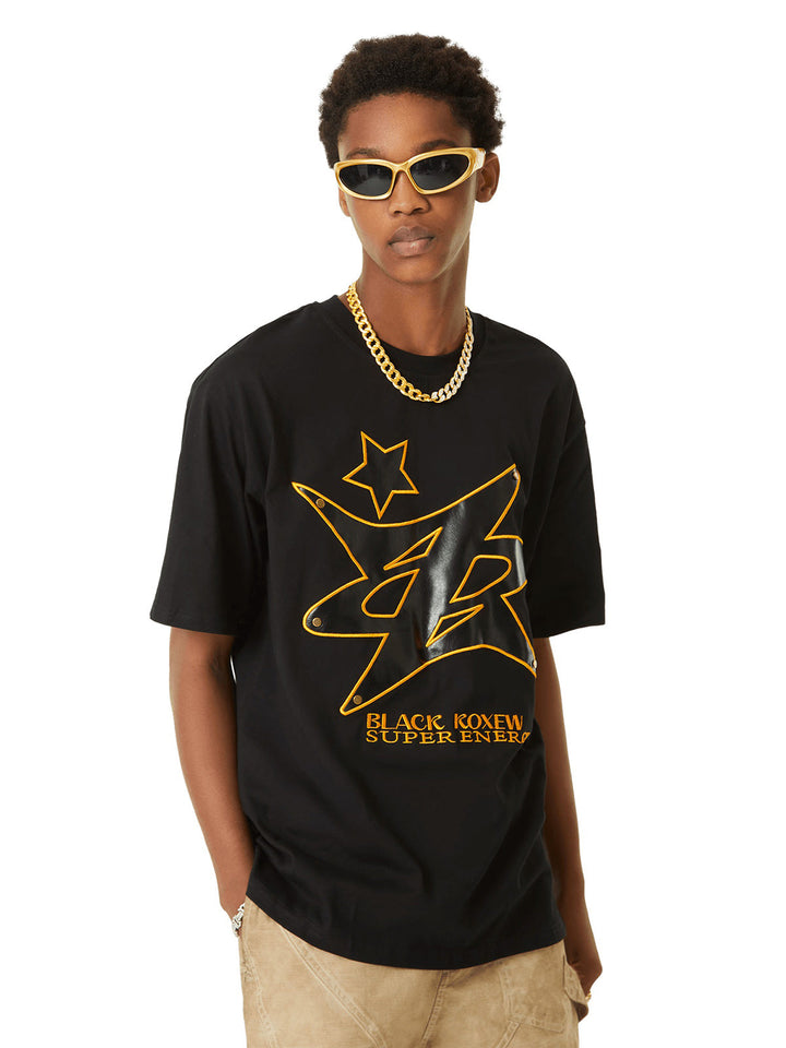 Ayuuki Leather Studded Creative Star Street Rap T-shirt