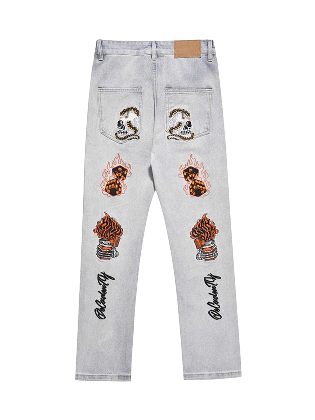 Ayuuki Skull Flame Monogram Embroidered Slim Fit Jeans