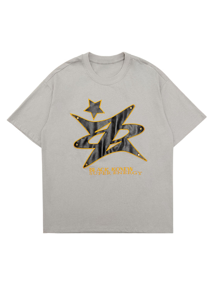 Ayuuki Leather Studded Creative Star Street Rap T-shirt