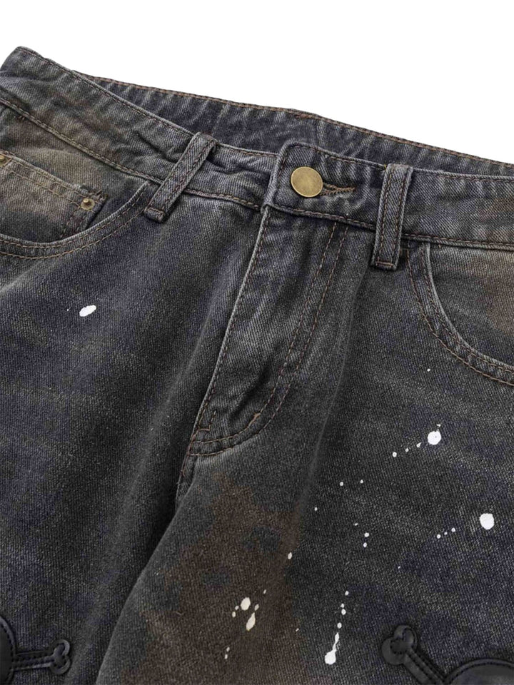 Ayuuki Leather Skull Splash Ink Micro-flared Jeans