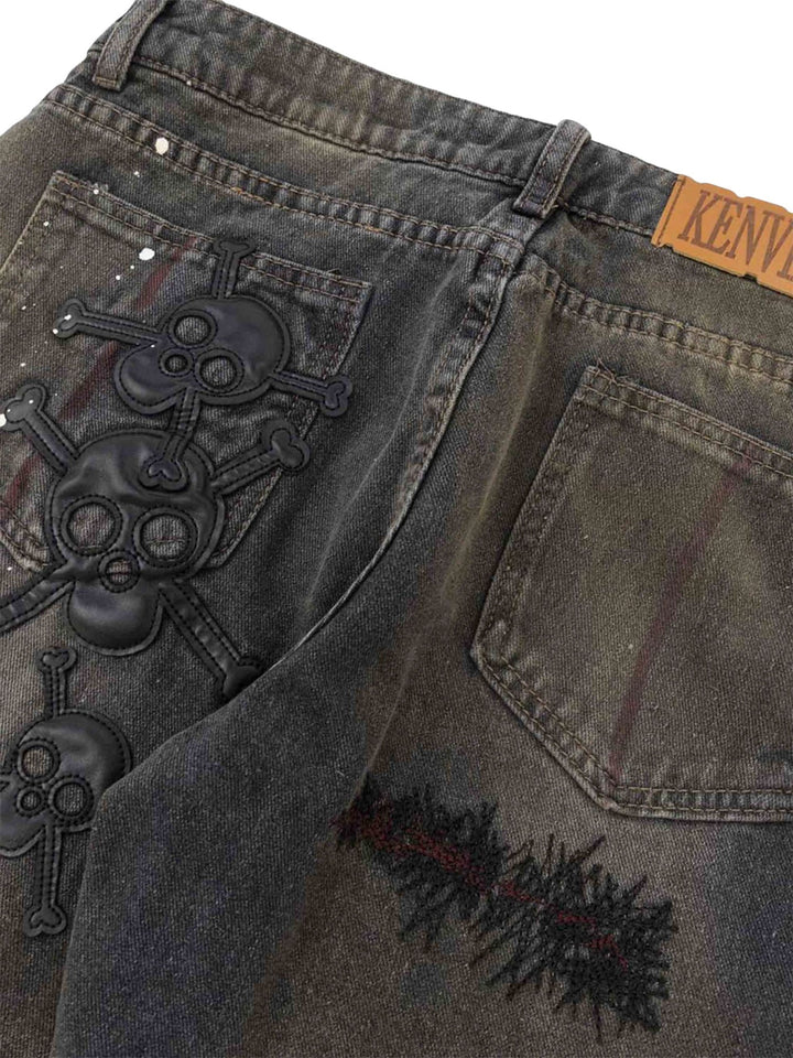 Ayuuki Leather Skull Splash Ink Micro-flared Jeans